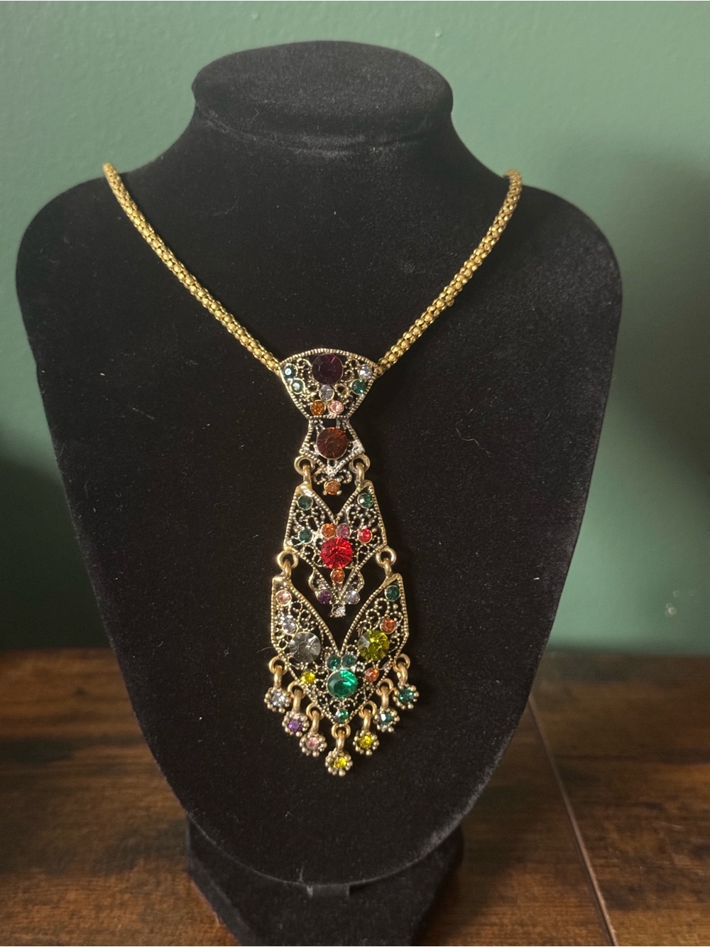Vintage 80s Multi-Color Rhinestone Filigree Tie Necklace Boho Statement